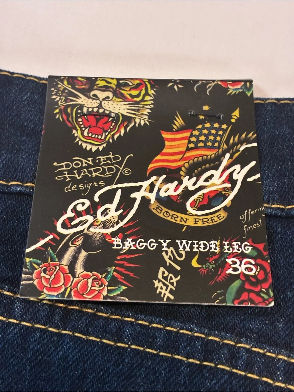 Ed Hardy Dark Blue Jeans with Yellow Script and Neon Skull Artwork
